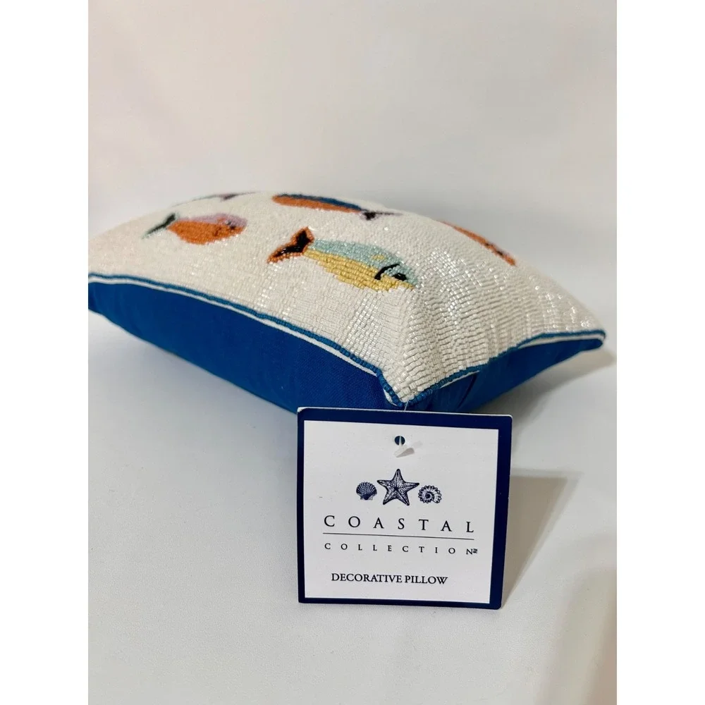 Coastal Collection Colorful Fish Sardines Beaded Decorative Small Pillow NEW